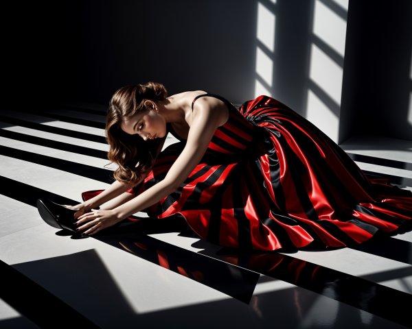 Elegant Woman in Red and Black Striped Dress