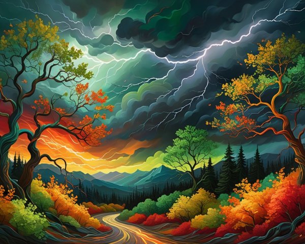 Vibrant Landscape with River and Dramatic Sky