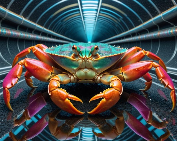 Vibrant Crab in Futuristic Tunnel with Glossy Reflection