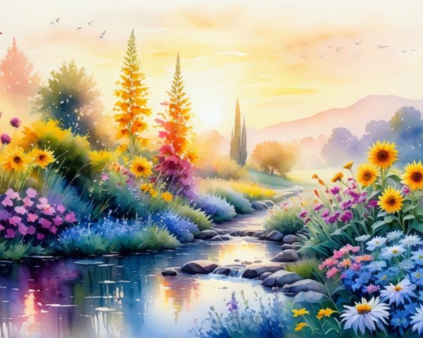 Colorful Garden Landscape with Stream and Mountains