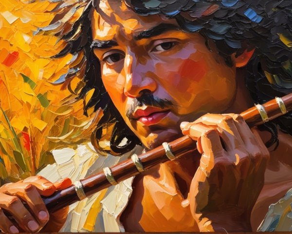 Close-up of a young man playing a wooden flute