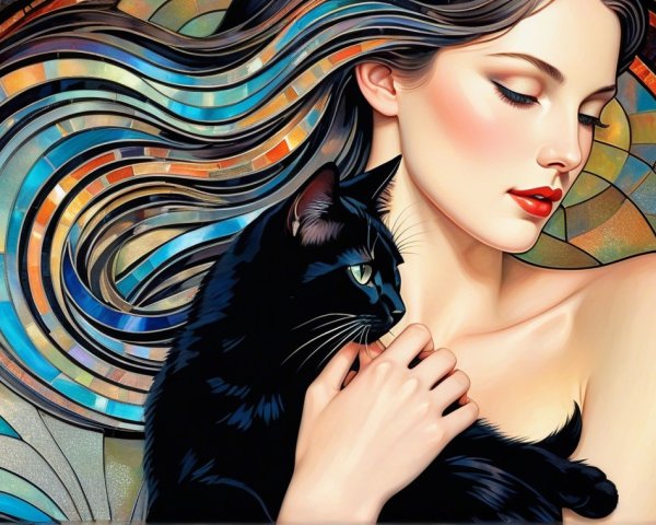 Stylized Portrait of a Woman with a Black Cat