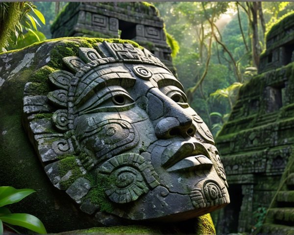 Intricately Carved Stone Face in Jungle Setting