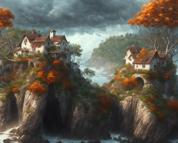 Serene Landscape with Houses and Autumn Trees