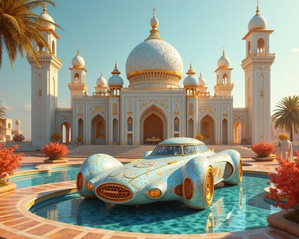 Lavish palace with intricate architecture and luxury car