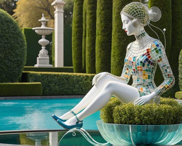 Stylized Mosaic Female Sculpture in Garden Setting