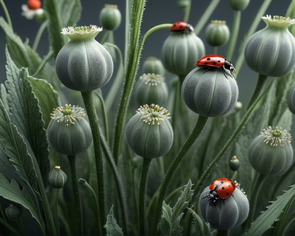 Lush Green Poppy Buds with Ladybugs in Natural Scene