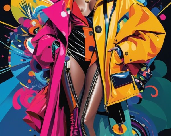 Vibrant Oversized Coat with Bold Accessories and Leggings