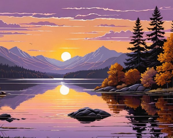Serene Sunset Landscape with Tranquil Lake and Mountains