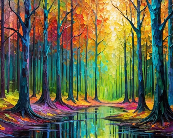 Vibrant Forest Scene with Colorful Autumn Leaves