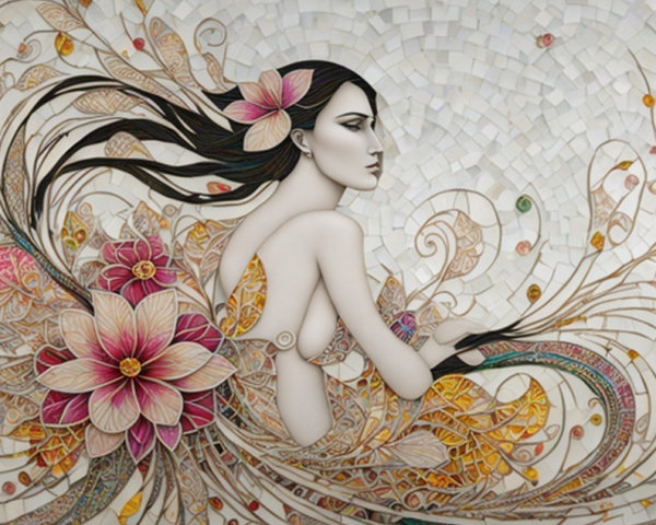 Intricate Mosaic of a Graceful Figure and Flowers
