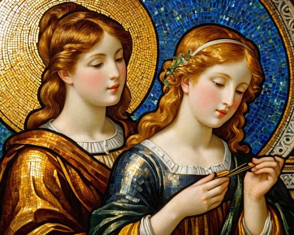Angelic Figures in Colorful Garments with Mosaic Background