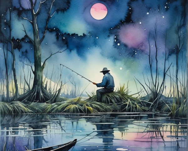 Watercolor of Fisherman by Tranquil River at Night