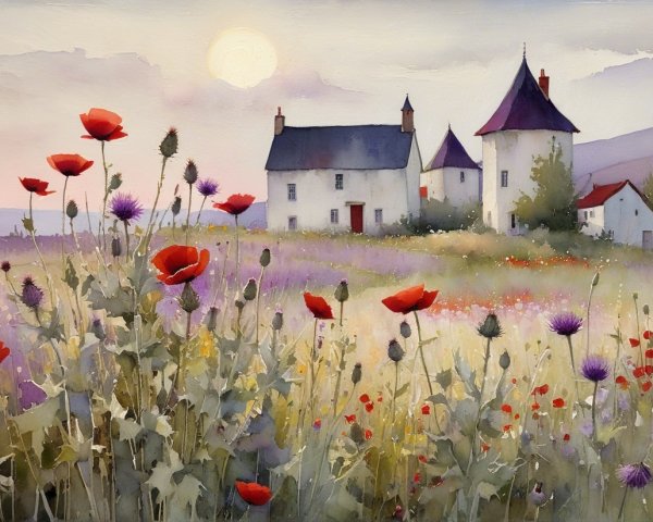 Serene Landscape with White House and Vibrant Wildflowers