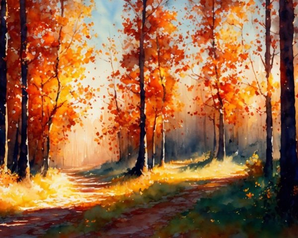 Serene Forest Path with Autumn Leaves and Sunlight