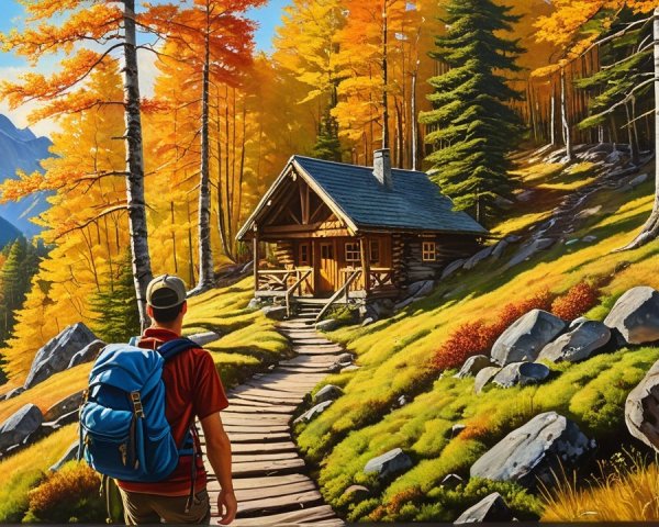 Hiker Approaching Log Cabin in Autumn Landscape