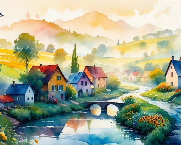 Picturesque Village in a Serene Landscape at Dawn