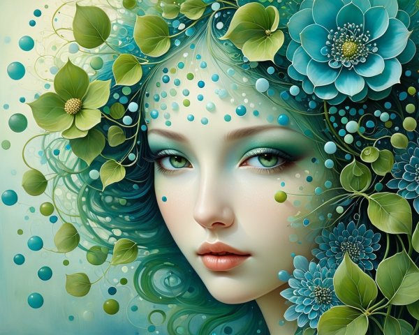Serene Woman with Teal Hair Amidst Nature's Beauty