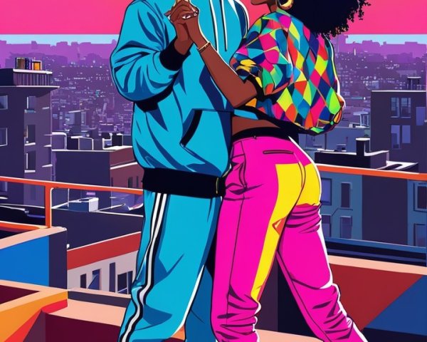 Couple Dancing on Rooftop at Sunset in Urban Scene
