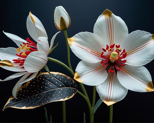 Elegant White Flowers with Red Details and Gold Accents