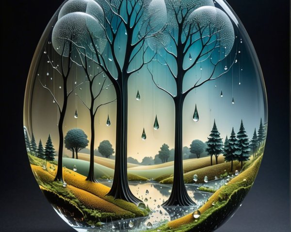 Glass Orb Depicting Serene Landscape with Trees