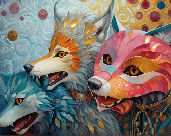 Stylized Wolves with Vibrant Colors and Patterns