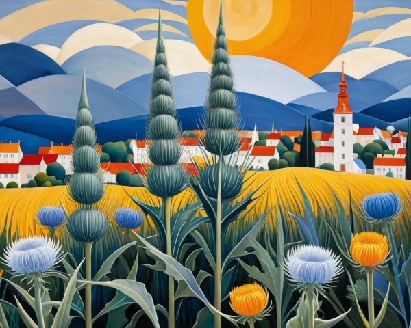 Vibrant Landscape with Thistles and Quaint Village