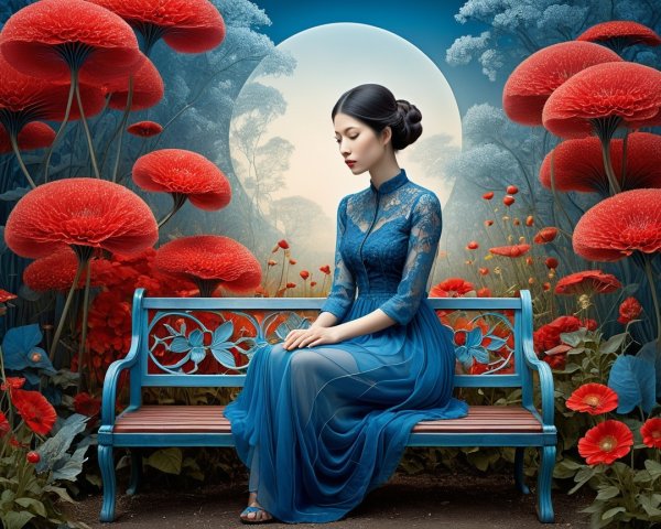 Young Woman in Blue Dress in Enchanted Garden Scene