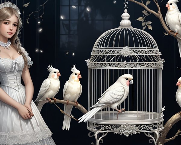 Young woman in white dress by ornate birdcage