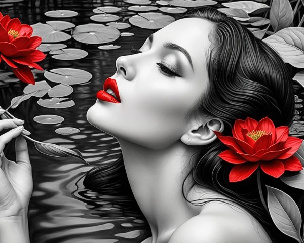 Black and White Portrait of a Woman in a Pond