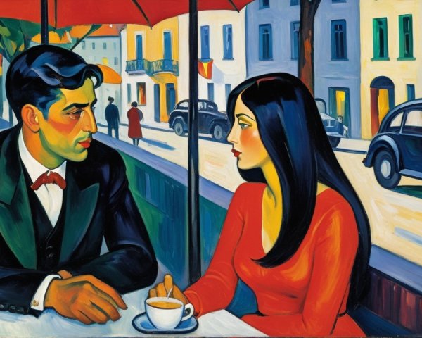 Vibrant café scene with elegantly dressed individuals