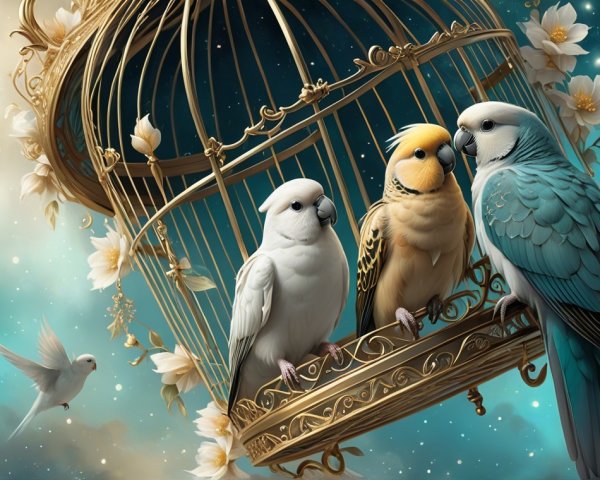 Ornate Golden Birdcage with Colorful Budgerigars