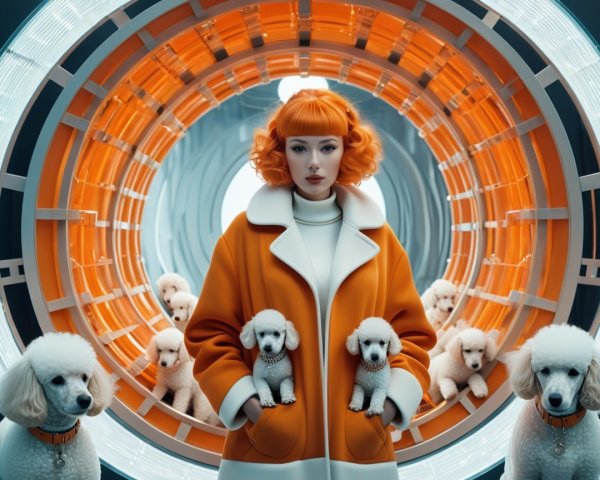 Woman in Orange Coat with Poodles in Futuristic Setting