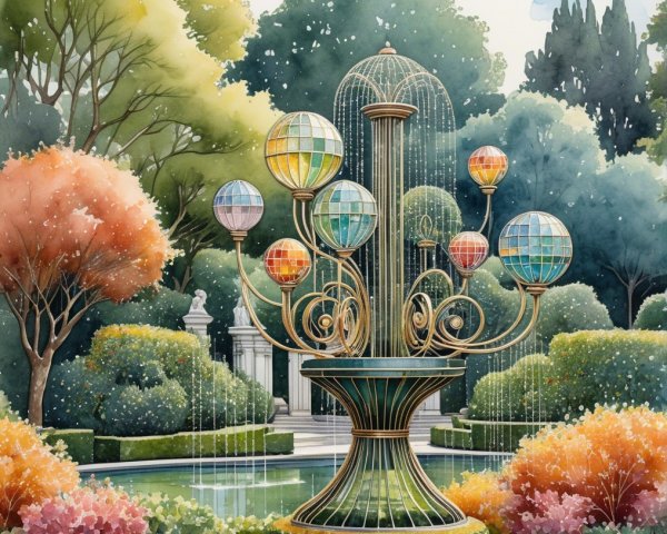 Elegant garden scene with fountain and colorful orbs