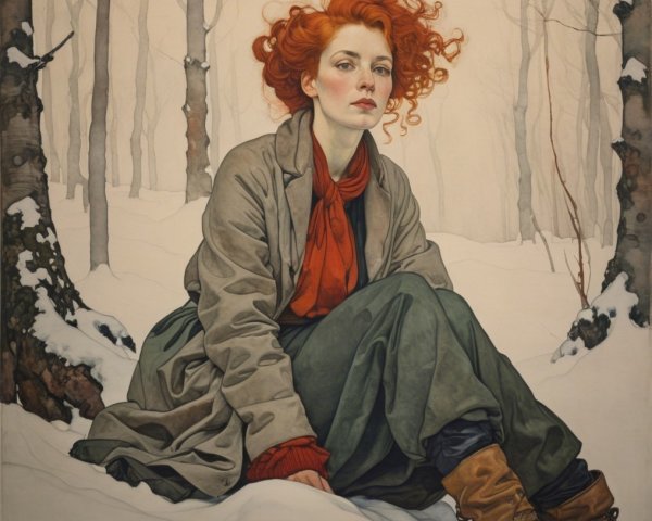 Young woman in snowy forest with red hair and rustic outfit