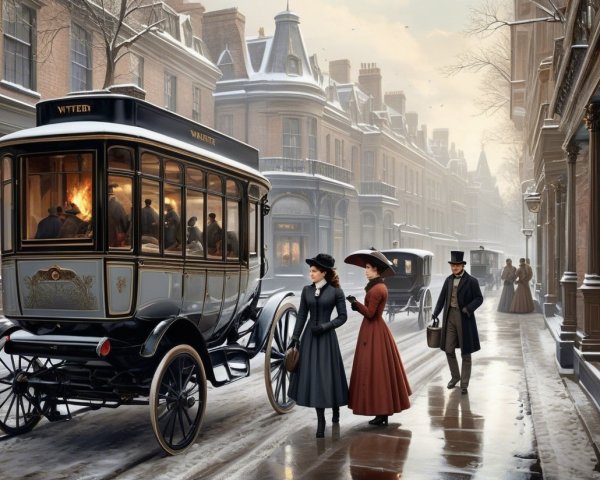 Snow-Covered Vintage Street with Horse-Drawn Carriage