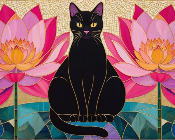 Black Cat Between Pink Lotus Flowers with Gold Accents
