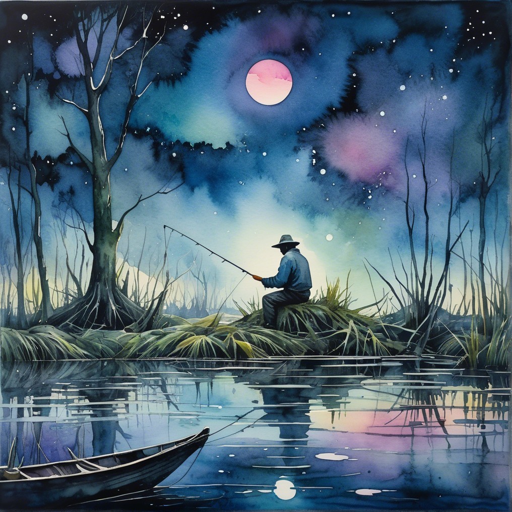 Watercolor of Fisherman by Tranquil River at Night