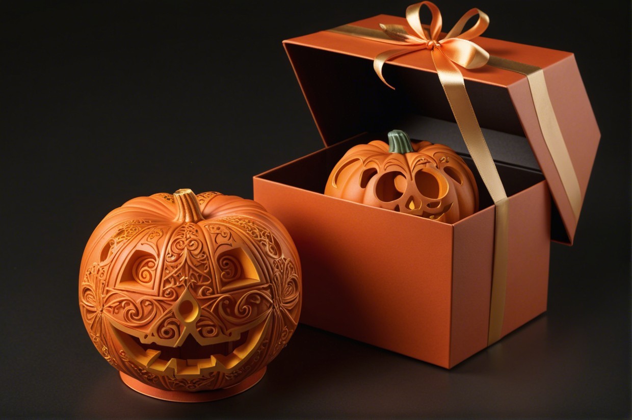 Intricately Carved Pumpkin and Gift Box Display