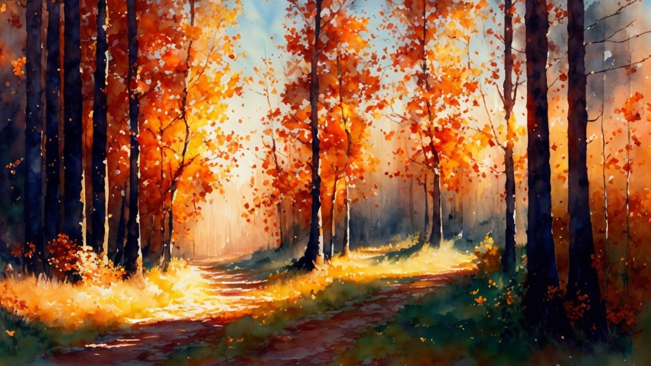 Serene Forest Path with Autumn Leaves and Sunlight
