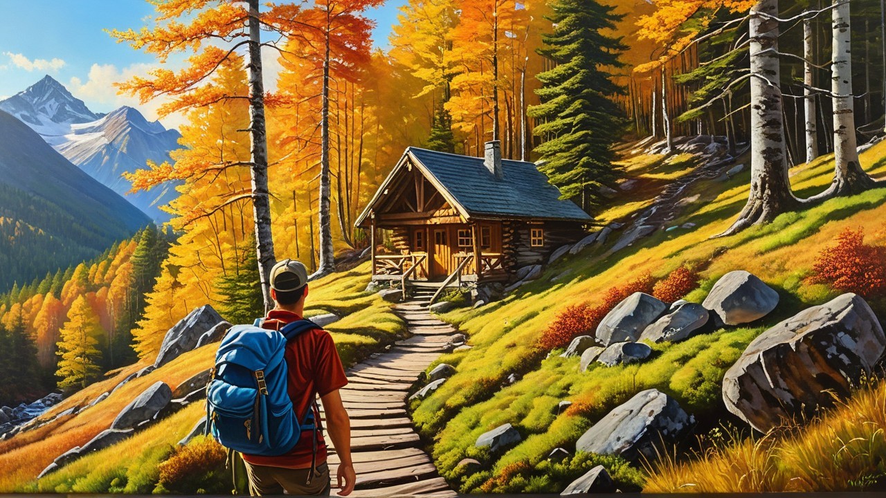 Hiker Approaching Log Cabin in Autumn Landscape