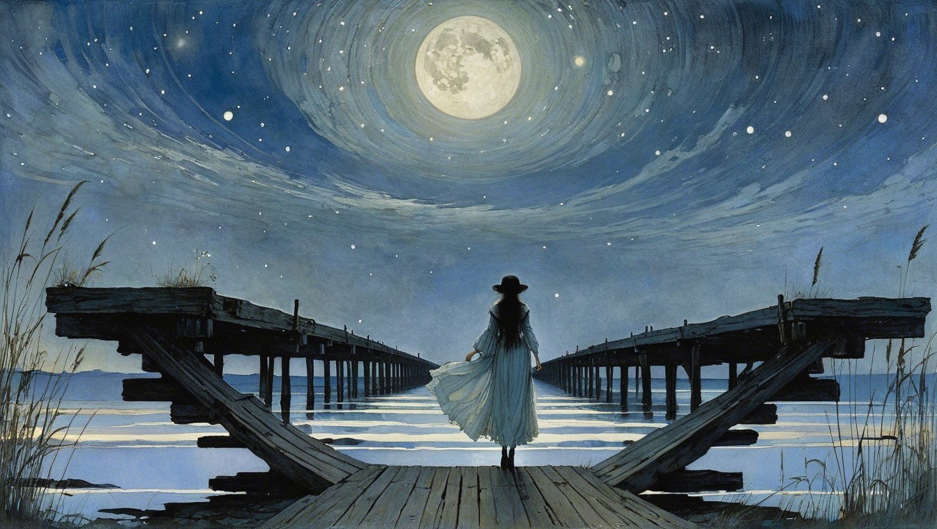 Serene Night Scene with Woman on Wooden Pier