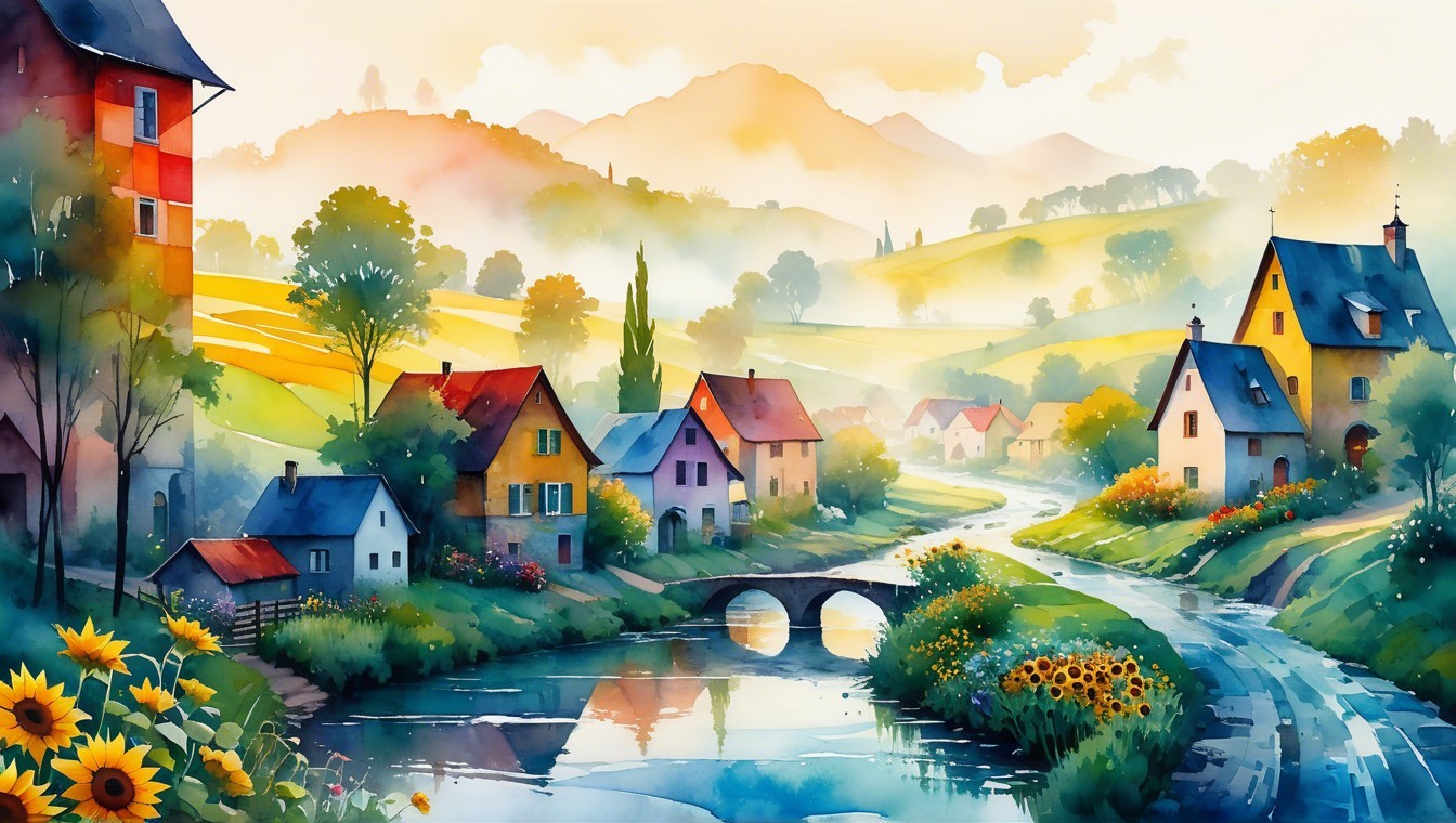 Picturesque Village in a Serene Landscape at Dawn