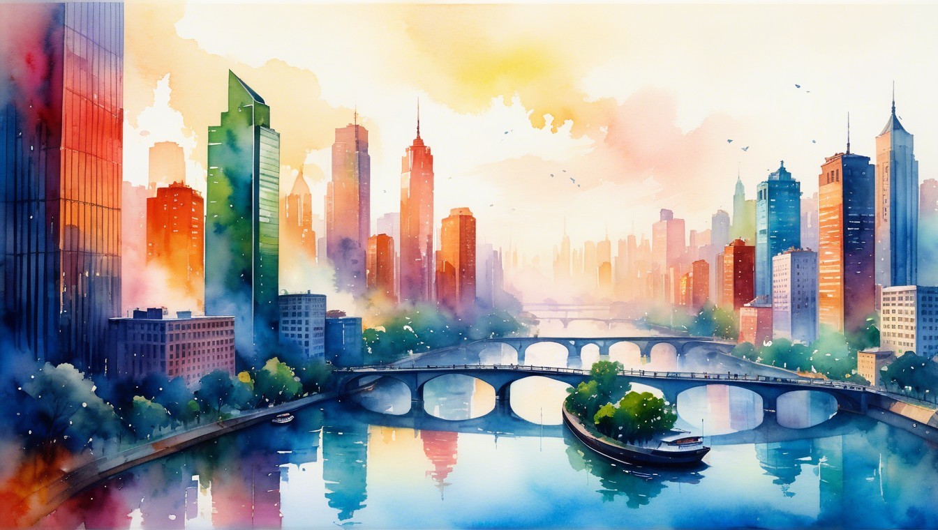 Vibrant Watercolor Cityscape with Serene River Scene