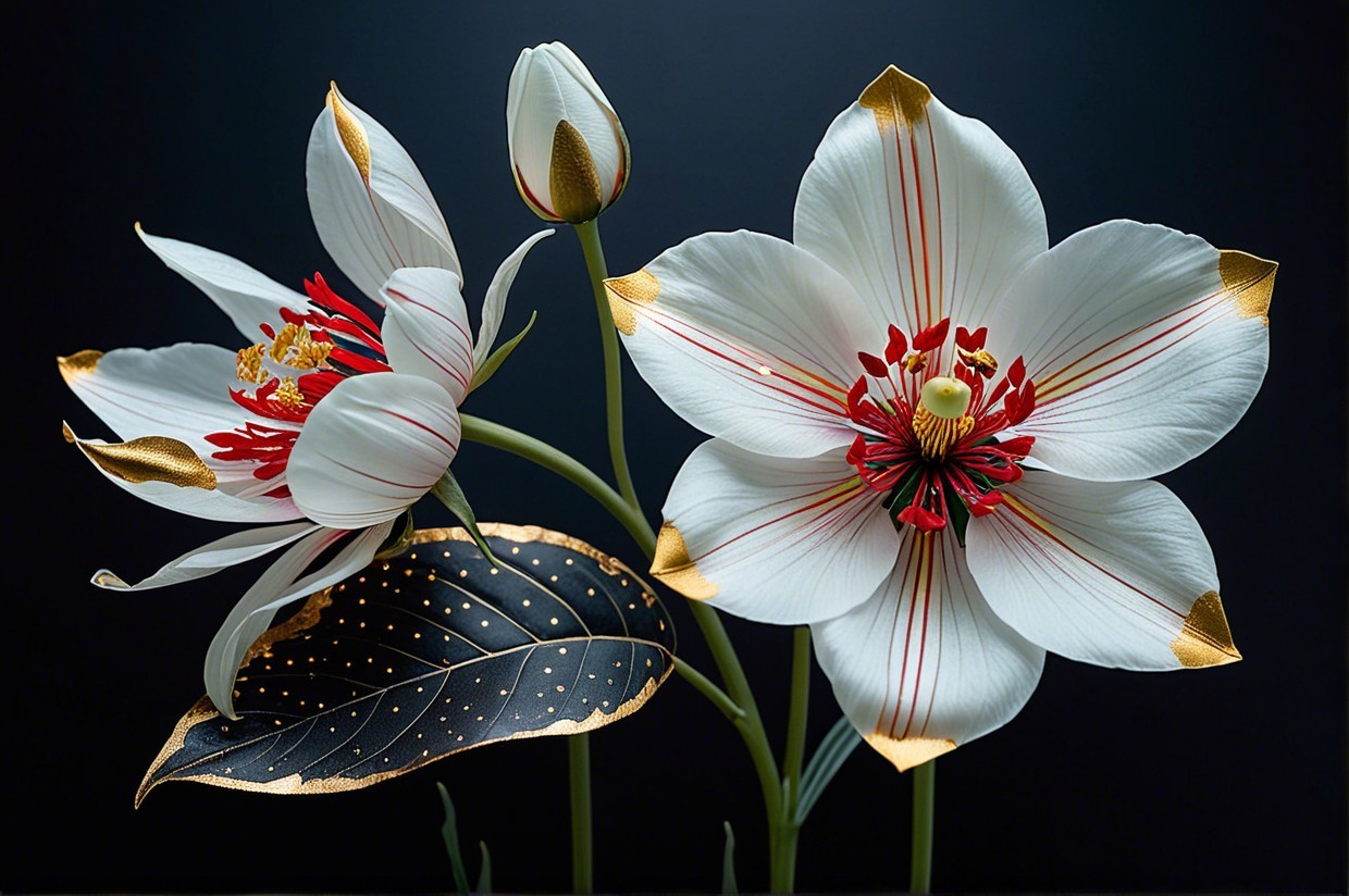 Elegant White Flowers with Red Details and Gold Accents