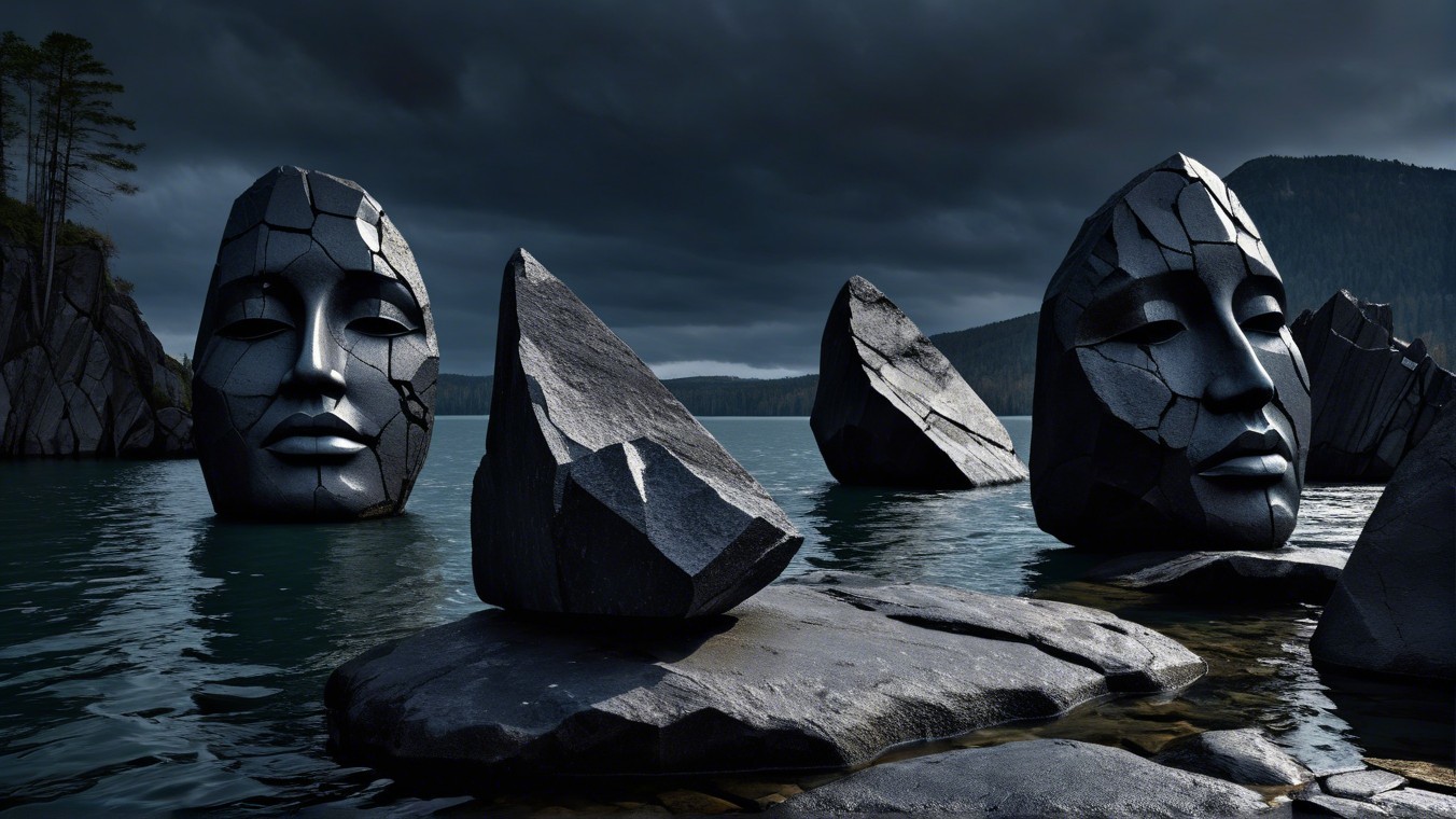 Abstract Stone Sculptures in Serene Waterscape