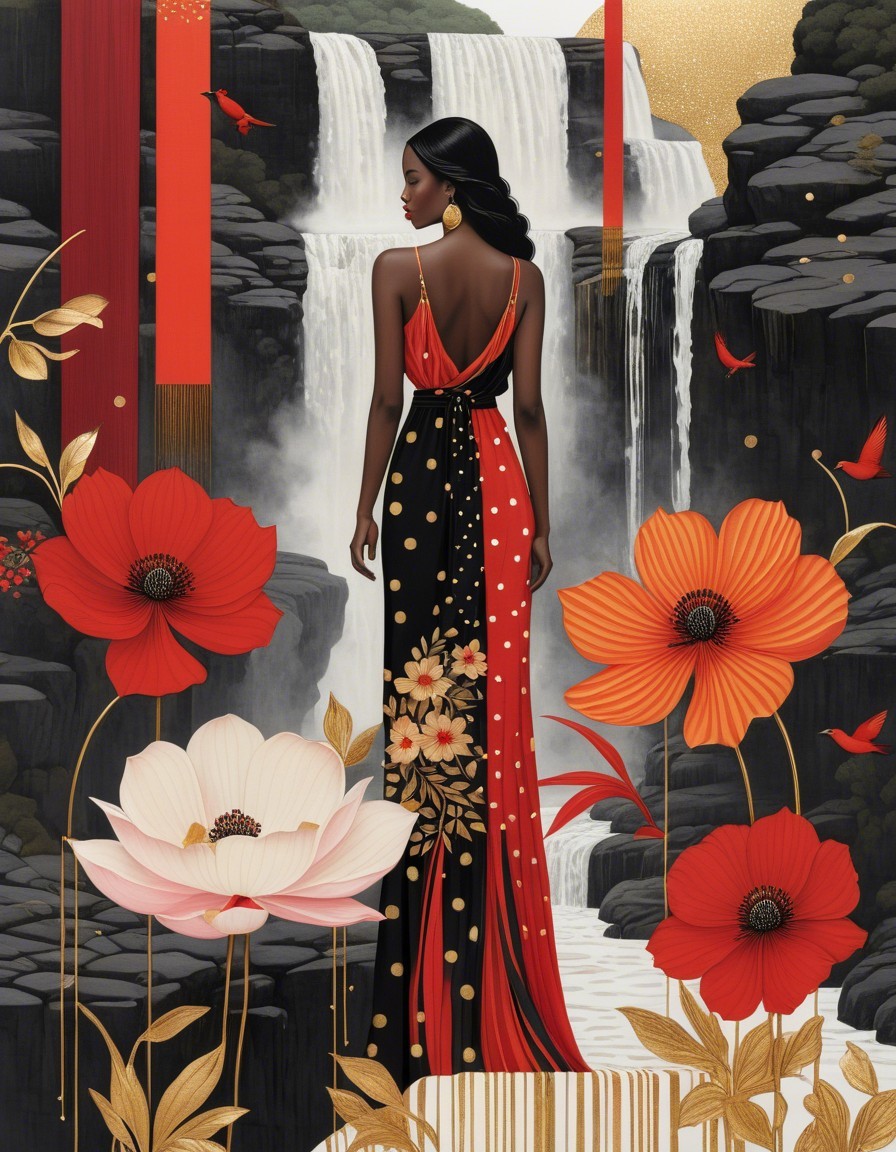Elegant Figure in Black and Red Gown by Waterfall