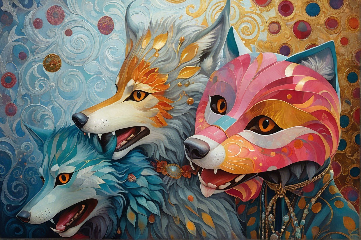 Stylized Wolves with Vibrant Colors and Patterns