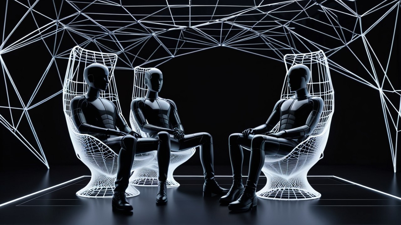 Humanoid Robots in Futuristic Chairs in Dark Space