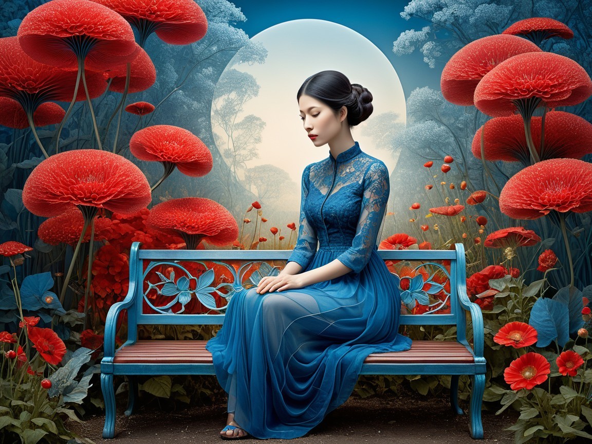 Young Woman in Blue Dress in Enchanted Garden Scene